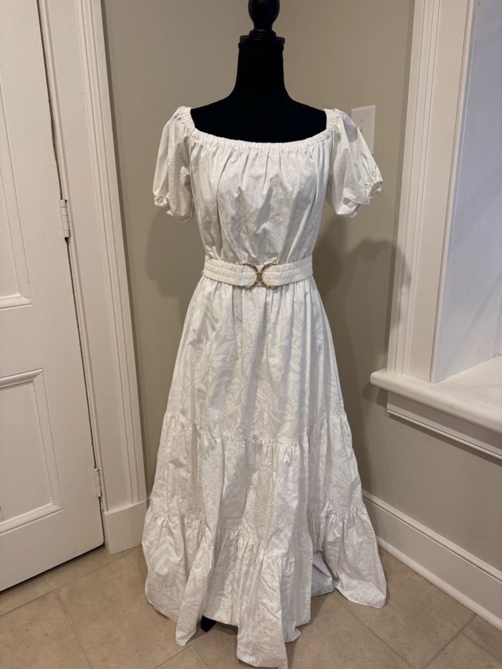 Lilly Pulitzer White Puff-Sleeve Maxi Dress with Braided Belt